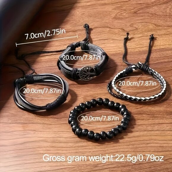 4pcs Men's Vintage Black Faux Leather Braided Bracelets - Picture 6 of 6